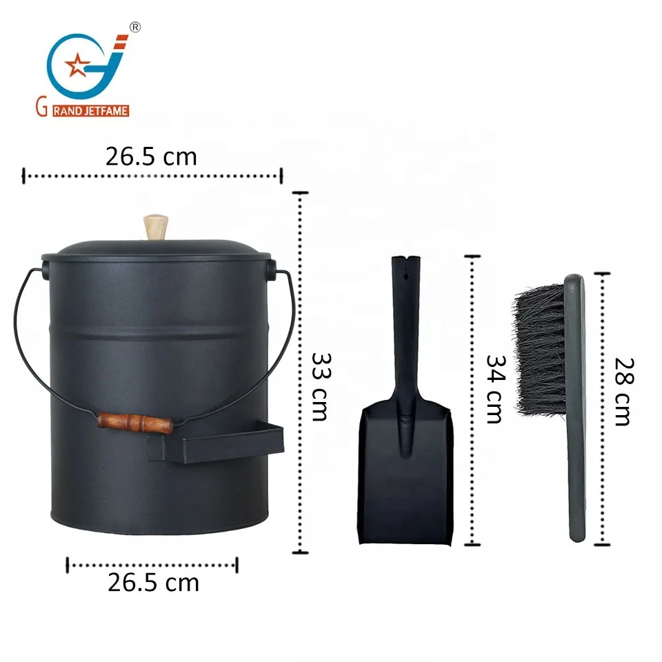 High Quality Reusable Metal Black Fireplace Tools Wooden Handle Ash Coal Bucket With Lid Shovel
