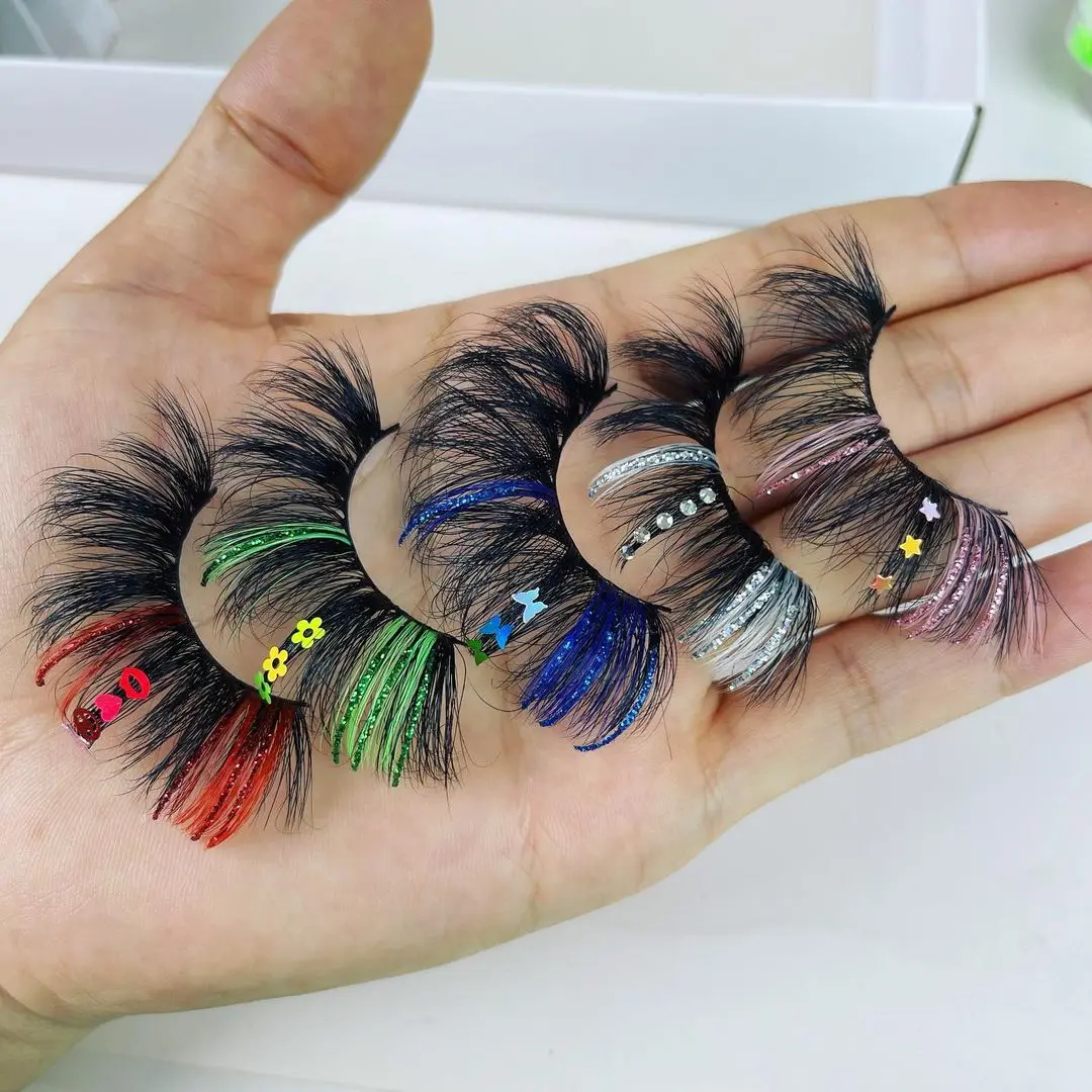 Wholesale faux mink strip lashes with glitter lash strips color 15mm 20mm glitter lashes strips color diamond eyelashes