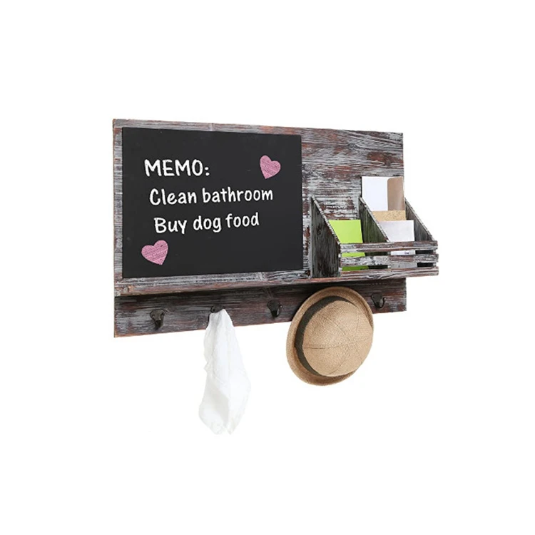 
Country rustic brown entryway mail sorter rack 5 key hooks black chalk board rustic wooden key holder 