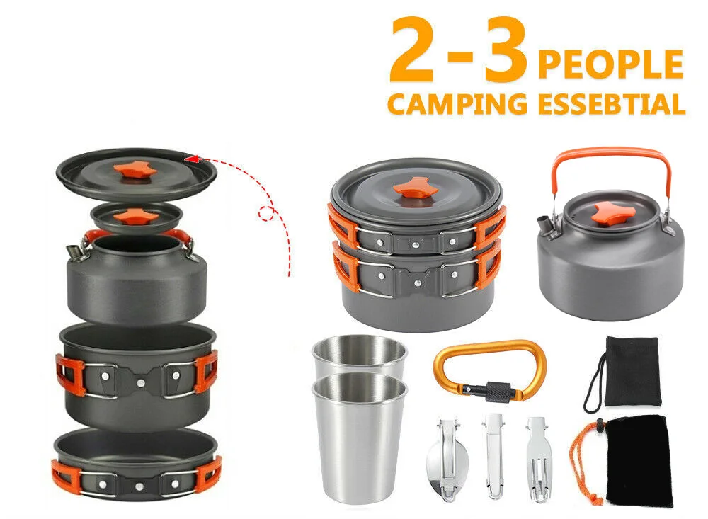 Jetshark Outdoor 2-3 Person Camping Cooker Folding Pot with Stainless Steel Cups Plates Forks Knives Spoons for Camping  Pot Set