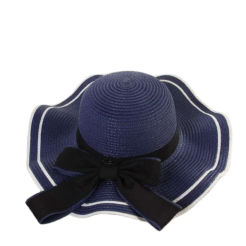 
Wholesale summer bow at wavy edge women beach sunshade with flower straw hat 