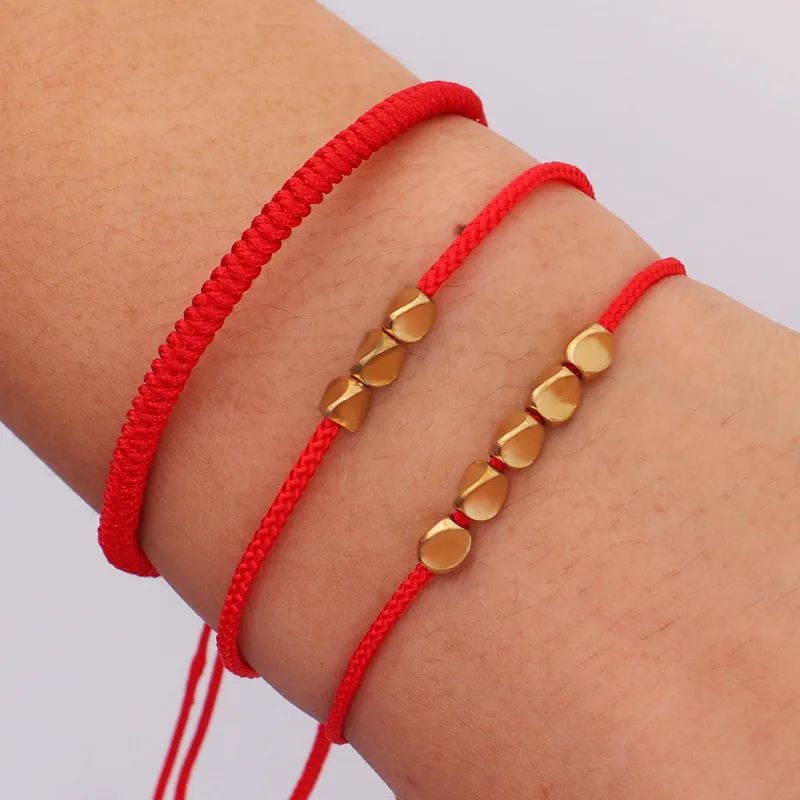 Handmade Adjustable Tibetan Beads Lucky Cord Red String Braided Rope Bracelet Irregular Copper Metal Beads Bracelet for Couple.jpg