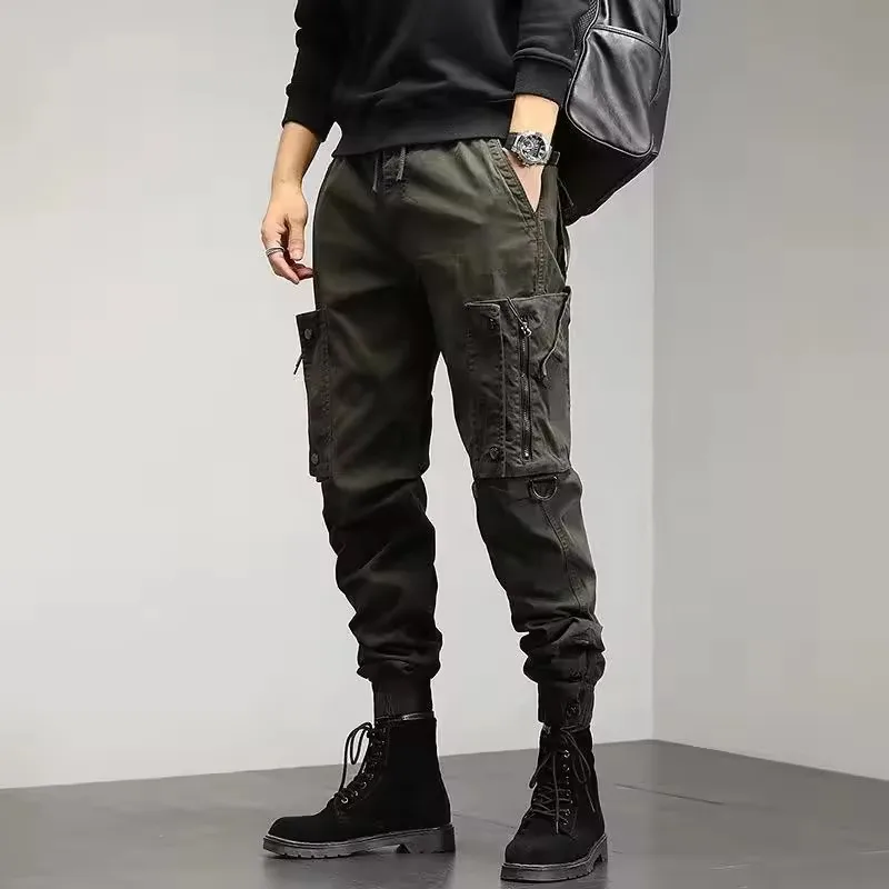 High quality multi pocket ankle tied   hiking pants custom logo solid drawstring tactical cargo trousers for men