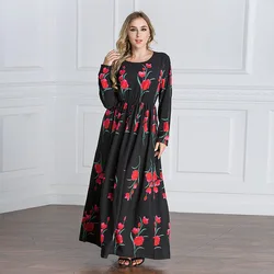 Plus size muslim long sleeve gown rose printed muslim woman dress latest burqa designs