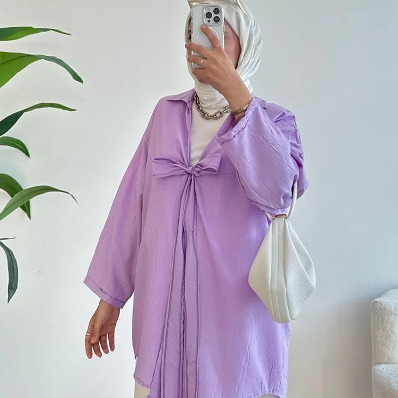 2024 Custom Cotton and linen Premium Micro crepe Hijab Bow tie shirt comfortable long sleeve Islamic Fashion hijab and shirts