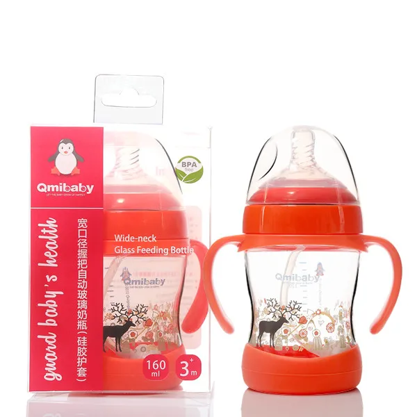 Anti-colic nipple wide-neck glass feeding bottle with handle with silicone cover
