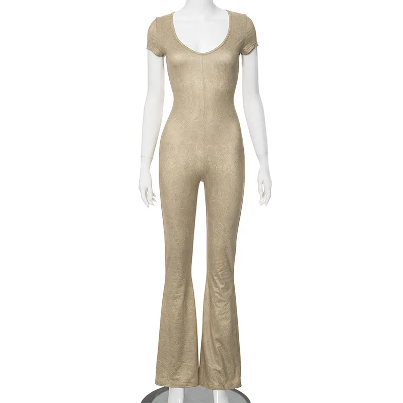 YY1763 New solid color U-neck short sleeve flared long pants bodycon jumpsuits for women
