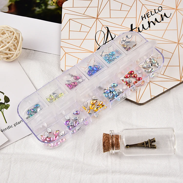 12 отверстий в упаковке видов цветов форме капли воды смешанные клеевые палочки с плоским основанием Стразы ab для дизайна ногтей