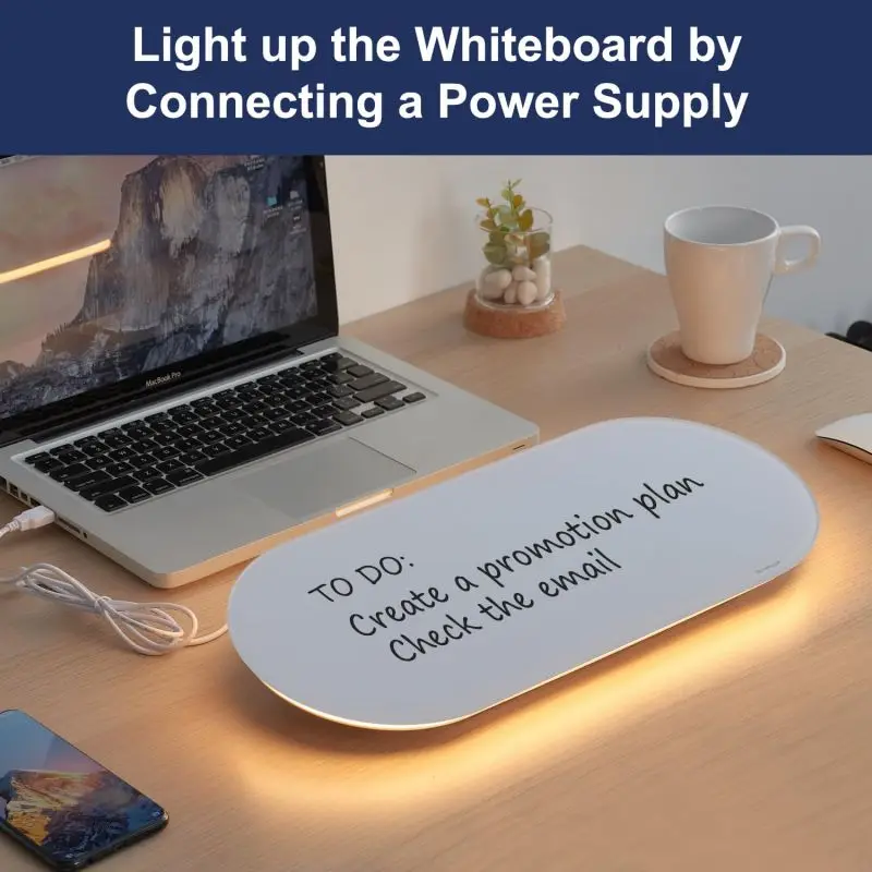 Office Glass Desktop Whiteboard Small Dry Erase Board with Warm Light Whiteboard with Drawer Desk Organizers