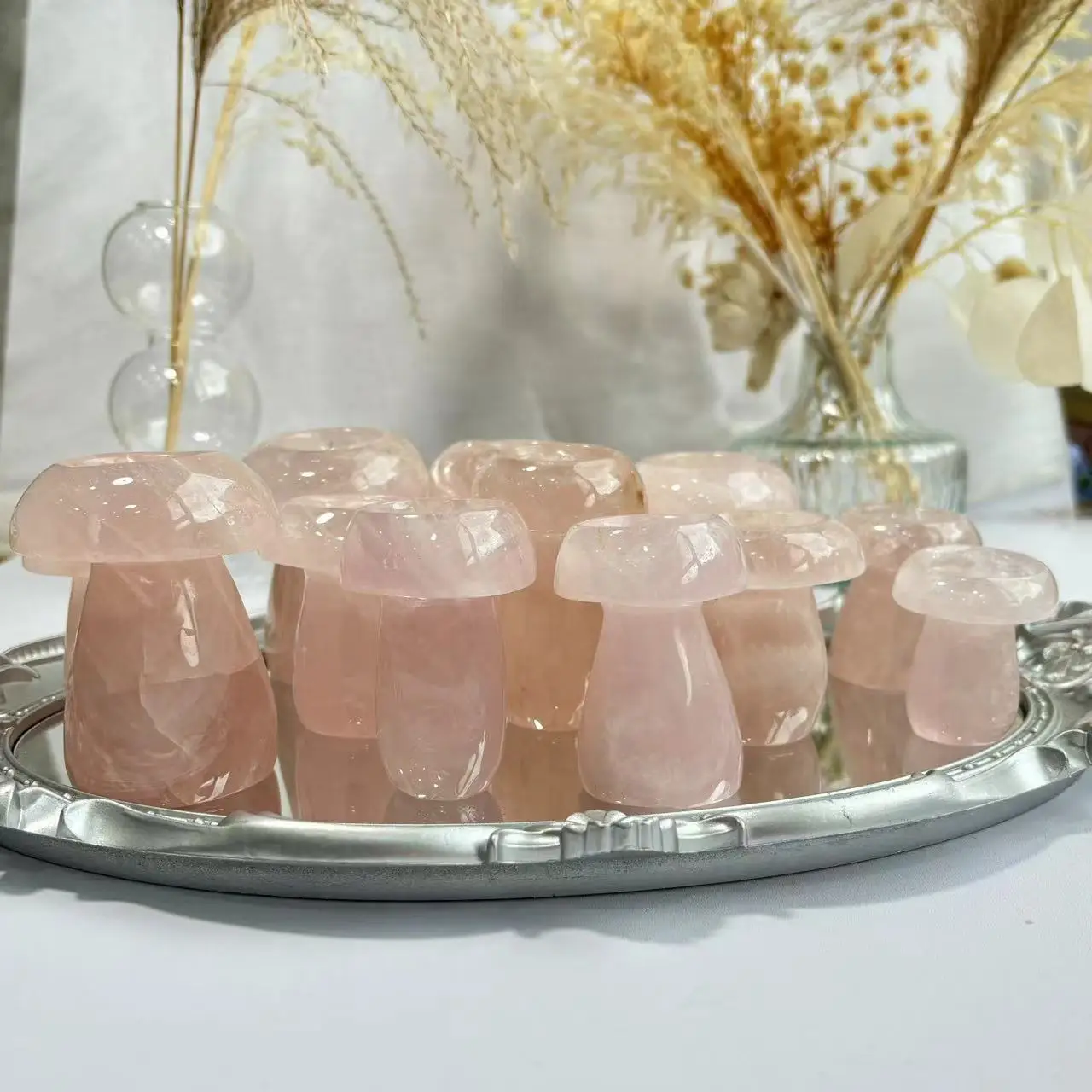 High Quality Natural Mushroom Shape Quartz Wholesale Crystal Sphere Stand Candle Stand Ice Rose Quartz Mushroom For Decoration
