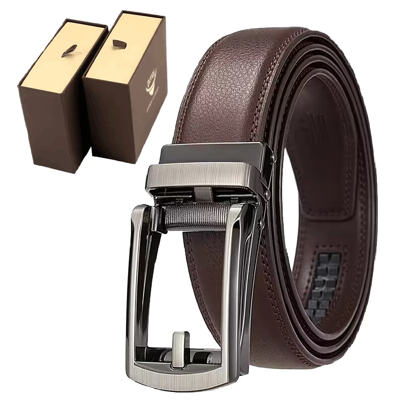 Custom Logo Designer Ratchet Belt No Hole Fit Automatic Buckle Belt Men Cowhide Genuine Leather Belt