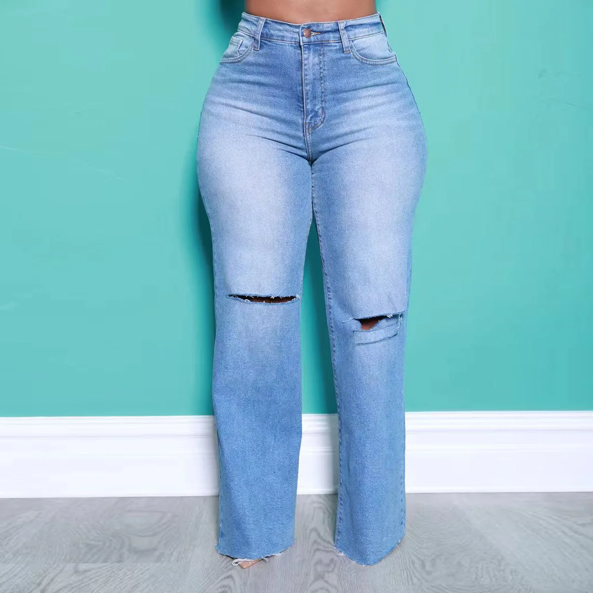 Summer New Arrival Plus Size Brushed Hole Denim Wide Trousers Women Straight Pants Jeans