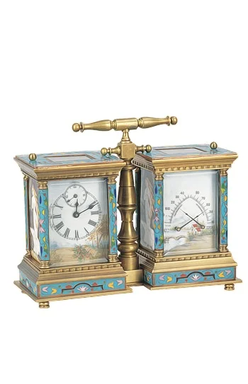 Large French Style  Gilt Brass Cased Blue Sky/Right Flora Cloisonne Enamel  Twins Hygrometer Carriage Travel Clock/Watch