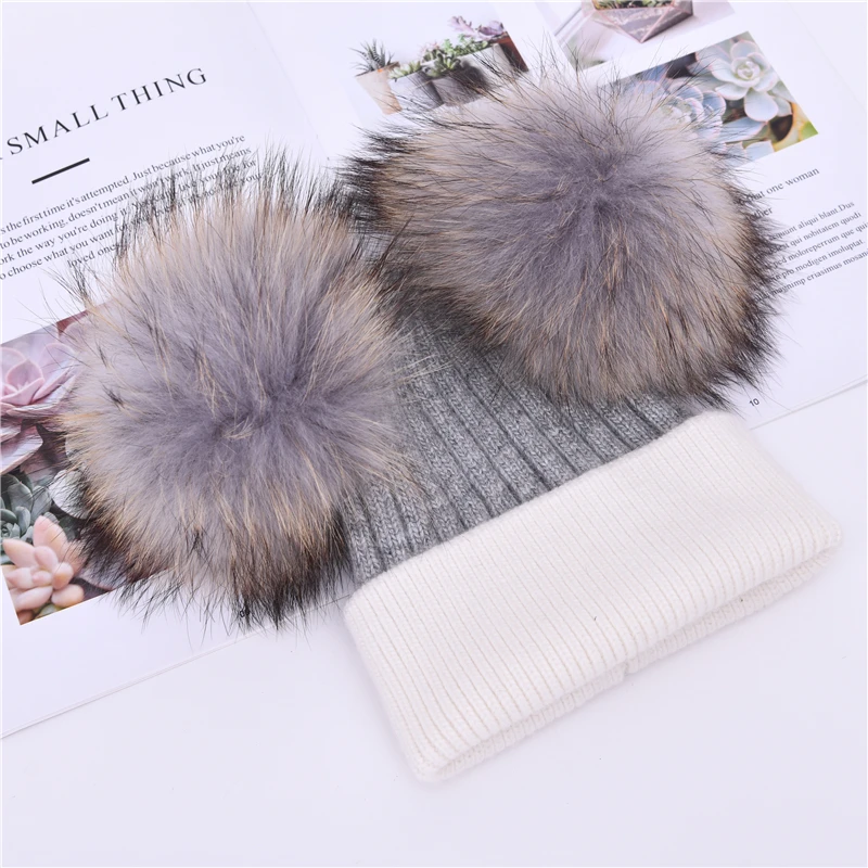 Wholesale Thick Warm Custom Logo Real Fur Pom Pom Hat Cute Ball Skull Luxury Winter Soft Cashmere Knitted Kids Beanie Supplier