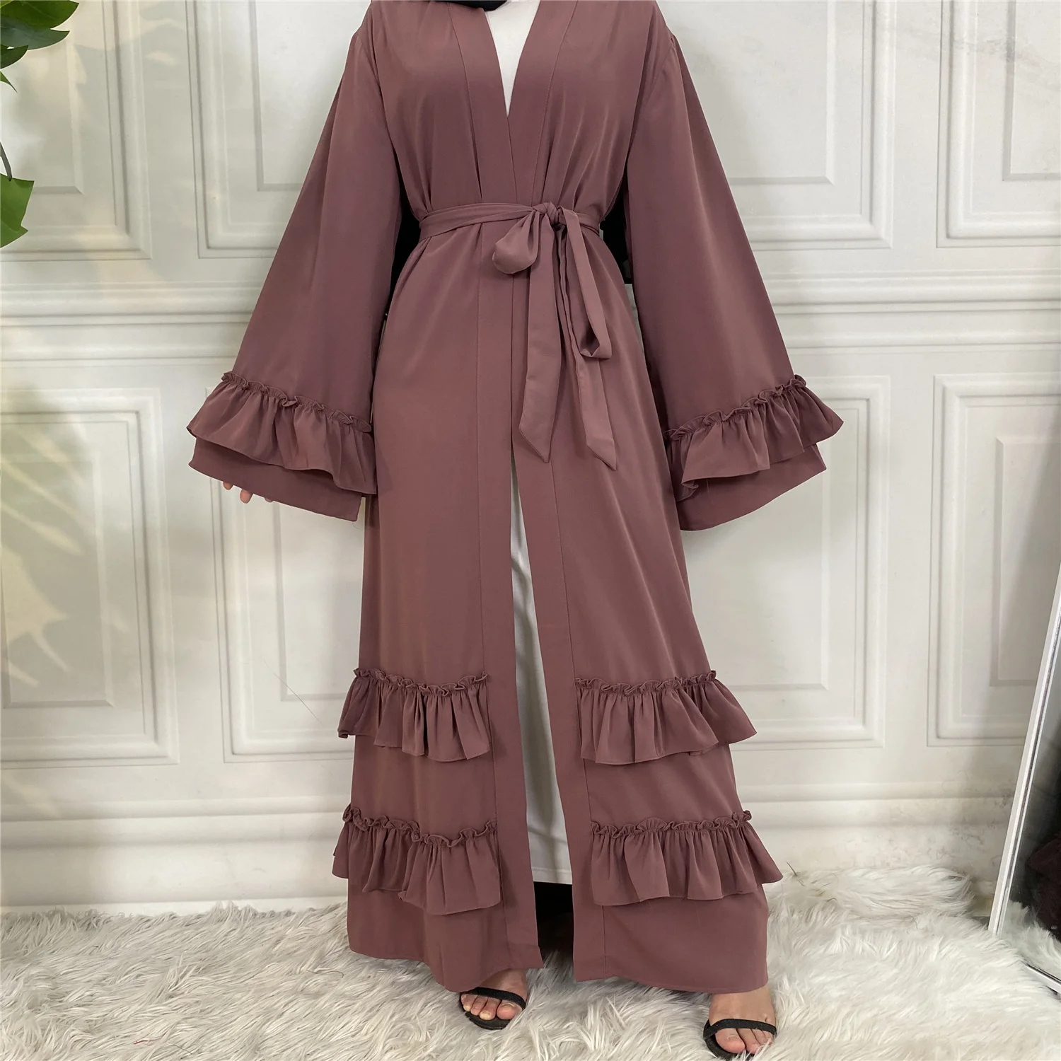 02#2022 Latest Simple Wholesale  Ruffle Sleeve With Pocket Women Muslim Dress Islamic Clothing Dubai Abaya
