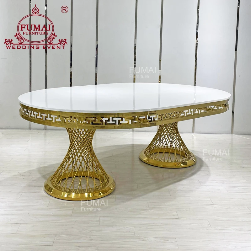 Oval stainless steel base mdf top banquet high gloss dining table