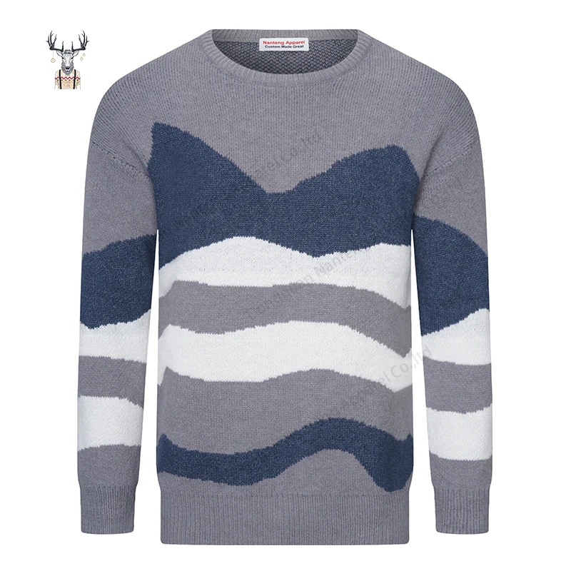 Nanteng Custom High Quality Fit Jumper Jacquard Knitwear Irregular Pattern Stylish Crewneck Long Sleeve Mens Pullover Sweaters