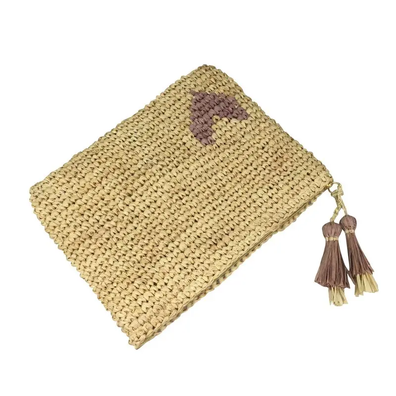 Small heart embroidery crocheted raffia clutch made with natural raffia straw tassles trimming