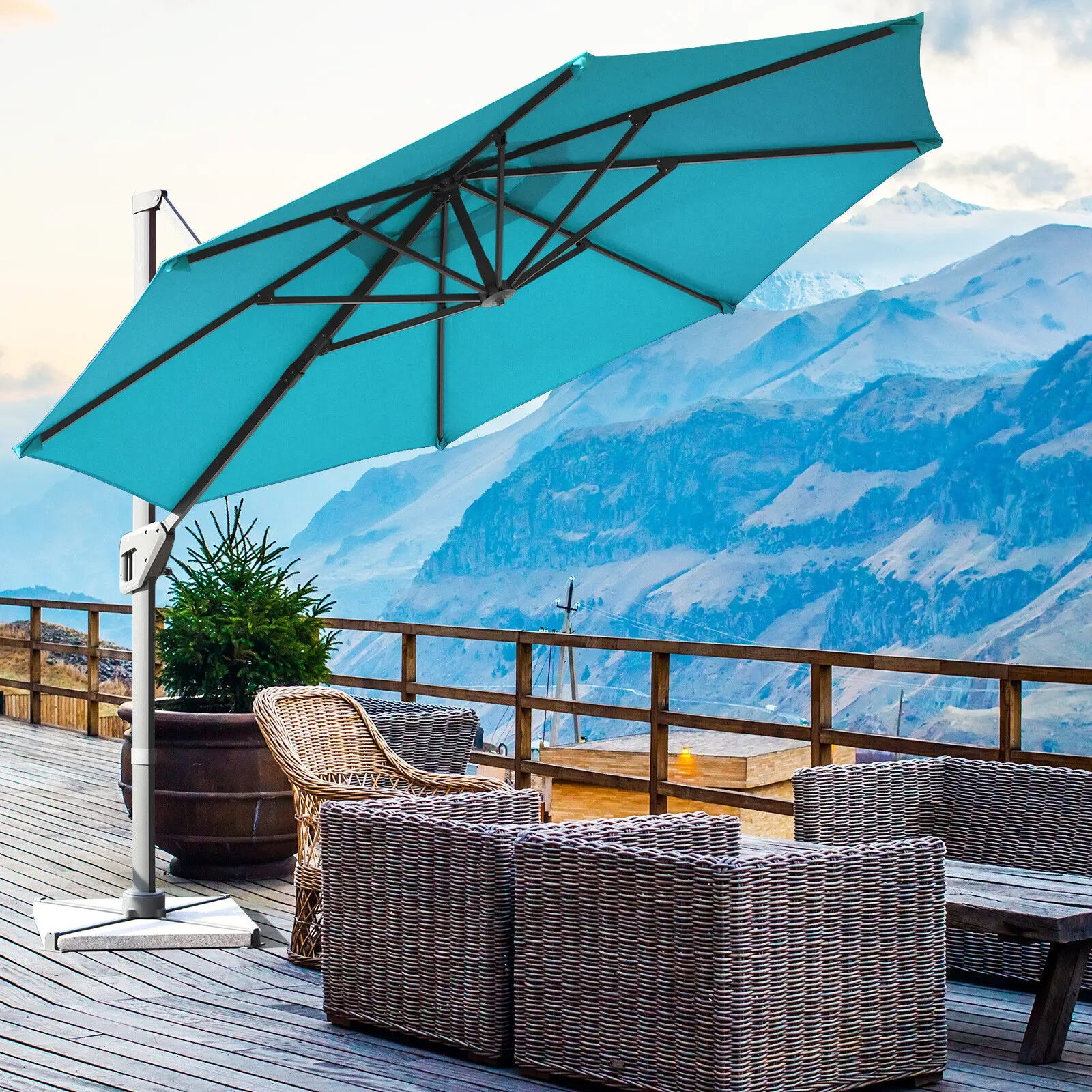 Outdoor lightweight aluminium frame patio umbrella large size 360 degrees luxury cantilever garden umbrella with cross base