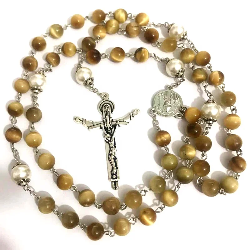 Rare 8MM Yellow Tiger Eye Jade Beads Rosary Cross CRUCIFIX CATHOLIC NECKLACE