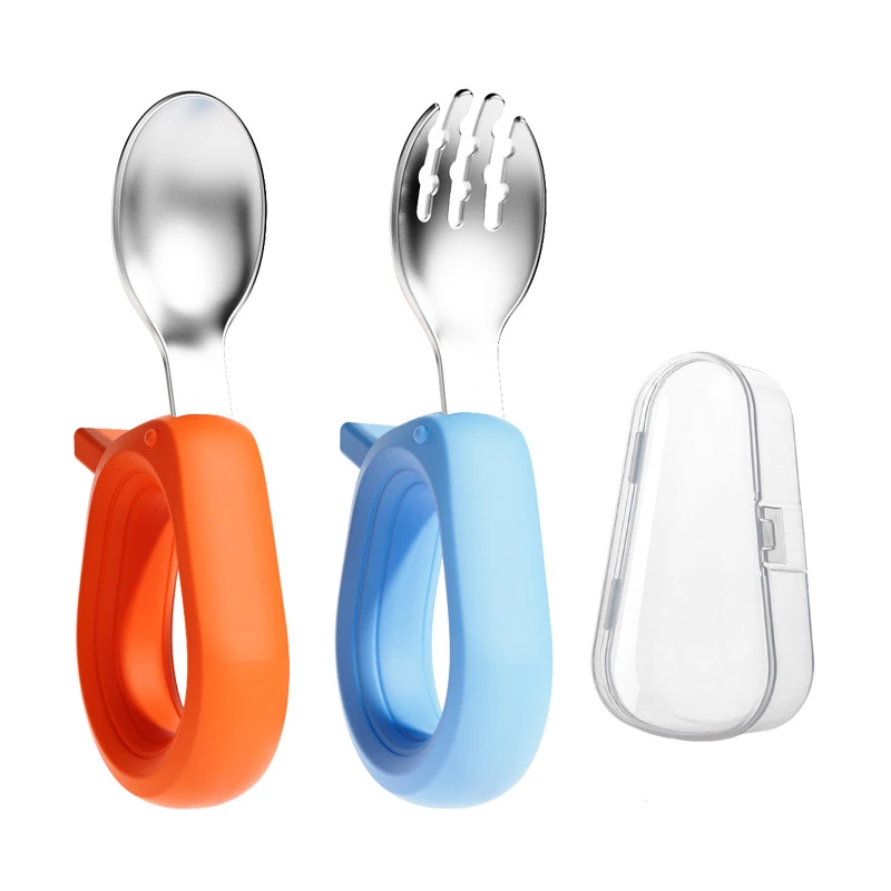 Leafree Food Grade Silicone Stainless Steel Metal Baby Spoon Fork Set Safe Anti-swallow Soft Bendable Handle Tableware whit Box