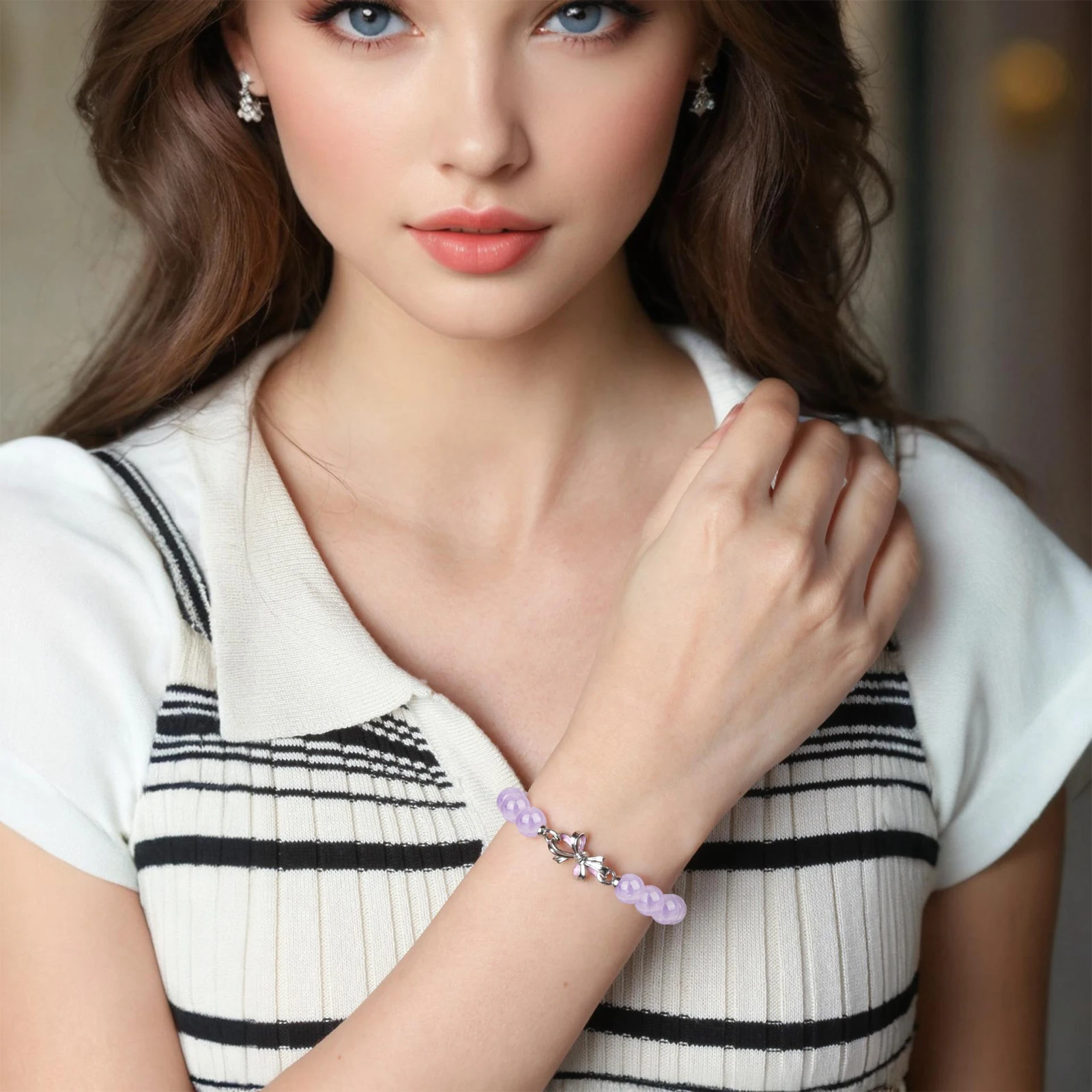 2024 Fashion Romantic Natural Stone Purple Jade Crystal Beads  Jewelry  925 Silver Italian Charms Bow Pendant Beaded Bracelets