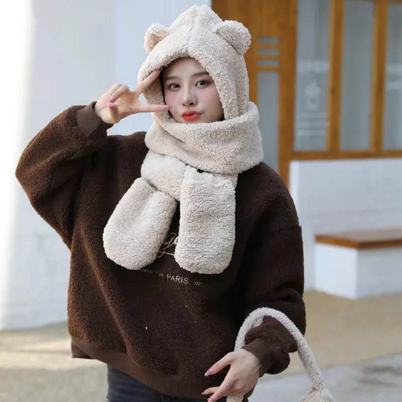 Hot Selling Brown Bear Hat Gloves Set Animal Long Mitten Hat Thick Warm Designer Set Cute Hat Scarf Gloves And Bag Set
