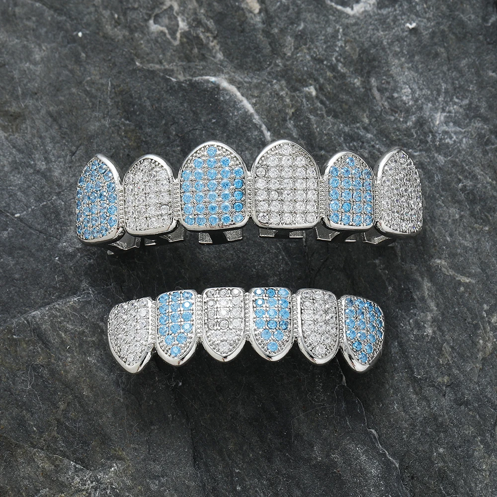 G034 Bling Top 6 Botom Tooth Grilz синий и прозрачный камень CZ для мужчин женщин