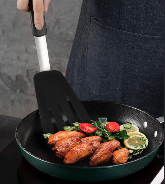 Silicone Multi-function Kitchenware Shovel Set With 430 Stainless Steel Rubber Handle Round Leaky Shovel Solid Shovel Set