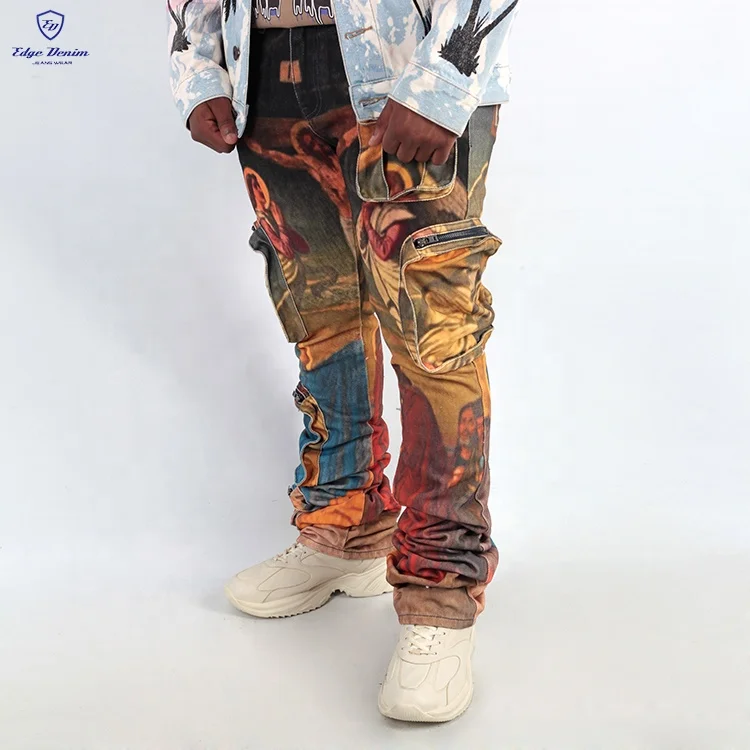 EDGE DENIM manufacturers custom luxury digital print graphic stacked cargo silm fit denim jeans men