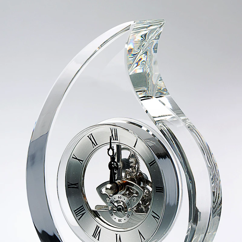 Noble Manufacturer Crystal Glass Fire Clock Business Gift Customized Bespoke Logo Office Decoration Trophy Award Hand Craft