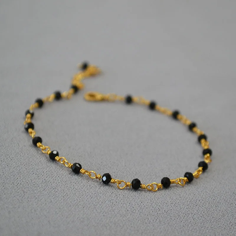 Elegant Jewelry Bracelets Fine Jewelry Brass Gold Plated Link Black Spinel Beaded Bracelet