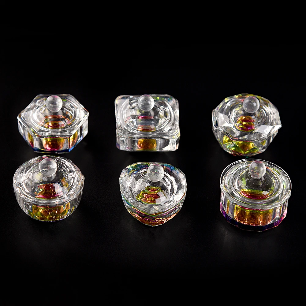 6 Shapes Nail Art Crystal Dappen Dish for Acrylic Liquid Glass Cup Container with Lid