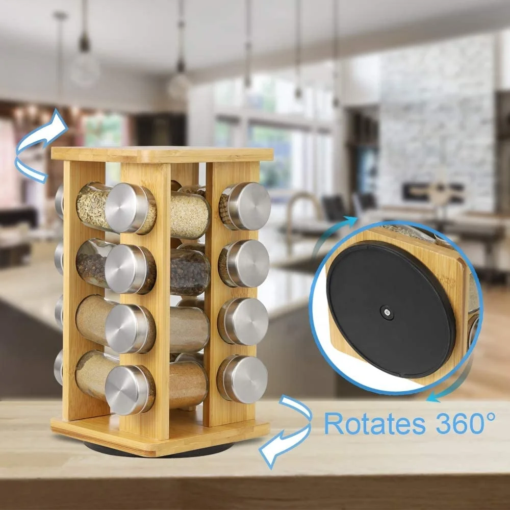 Kitchen Counter Top 360 Degree Rotating Bamboo Spice Storage Rack Stand Herb & Spice Tools for 16 Jars for Salt Storage