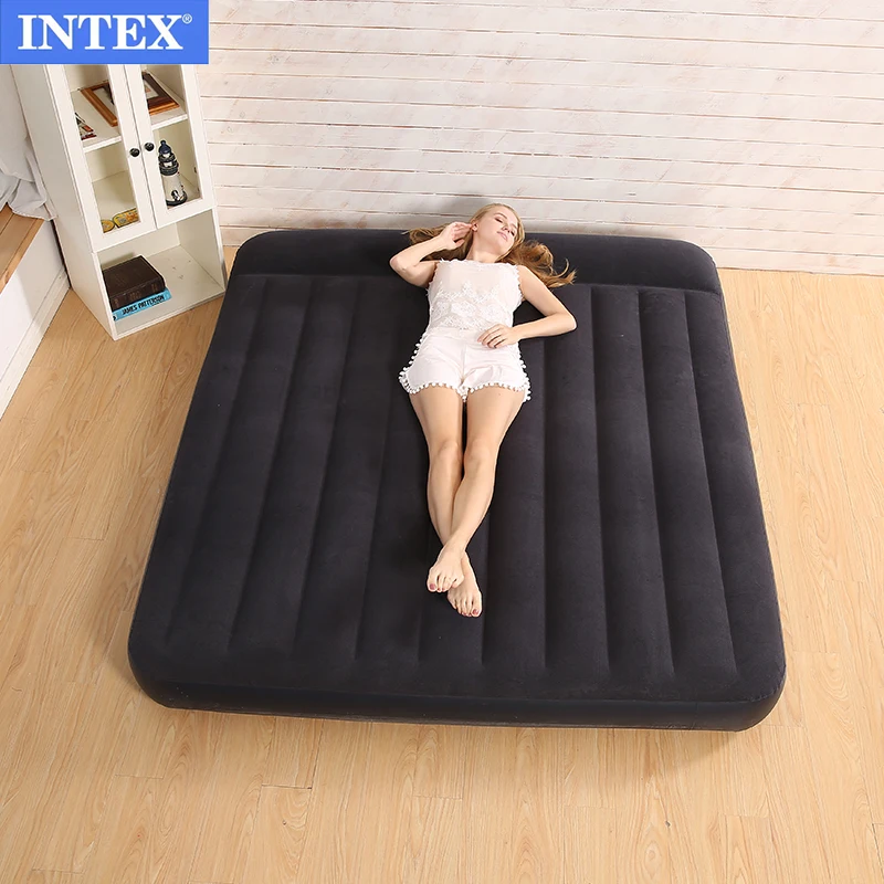 INTEX 64144  Lightweight Queen Size  Inflatable Flocked Double High Air Bed Mattress With Built In pillow