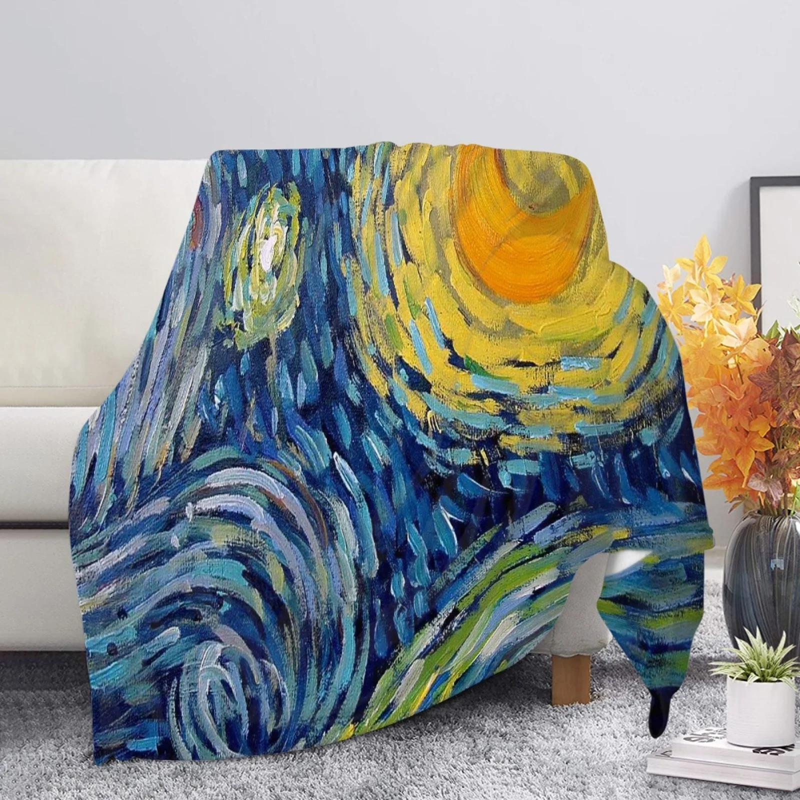 Custom Unique Blankets Soft The Comfy Mexican Wolf Starry Night Van Gogh Coral Fleece Blankets Animal Picture Blanket
