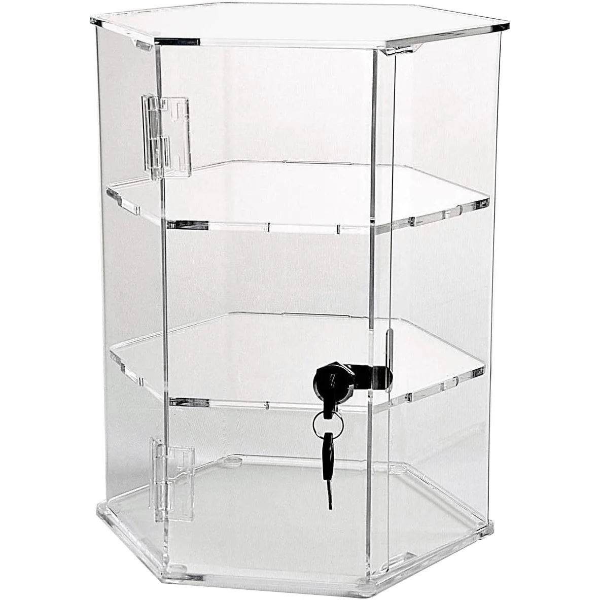 Hexagonal 2 Shelves Locking Rotating Base Watch Ring Glass Acrylic Counter Display Box Case
