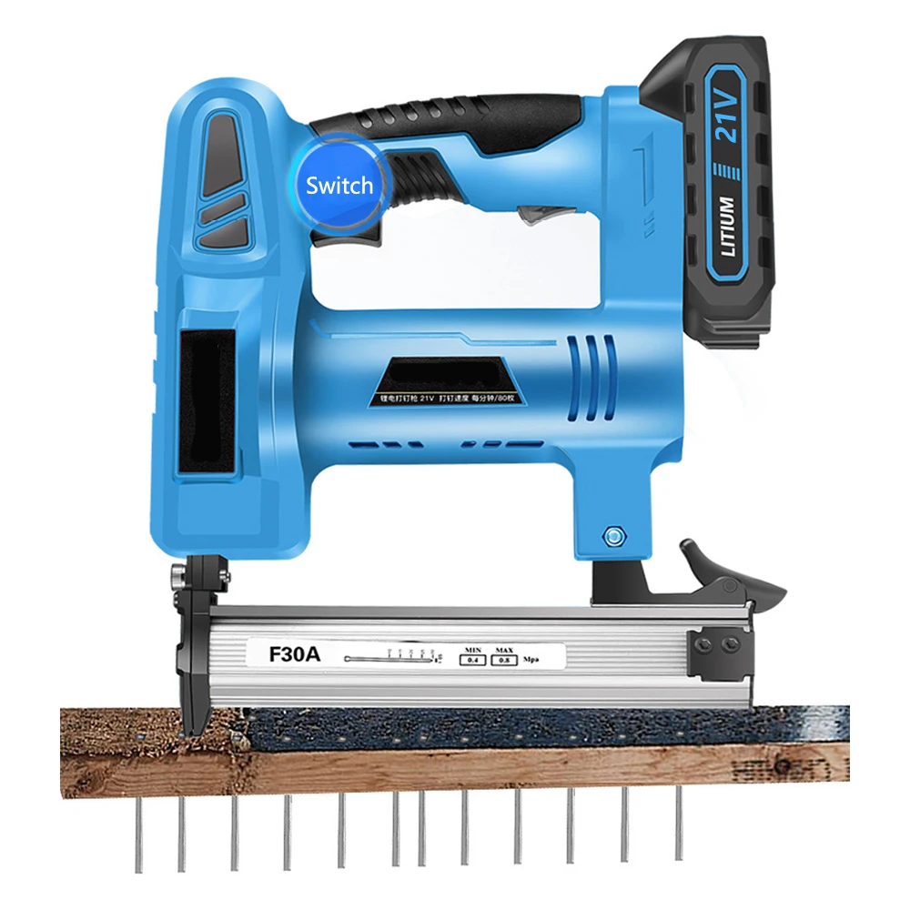 High quality factory wholesale 21V battery powered wireless electric nail gun for wood working DIY power tool cordless nail gun