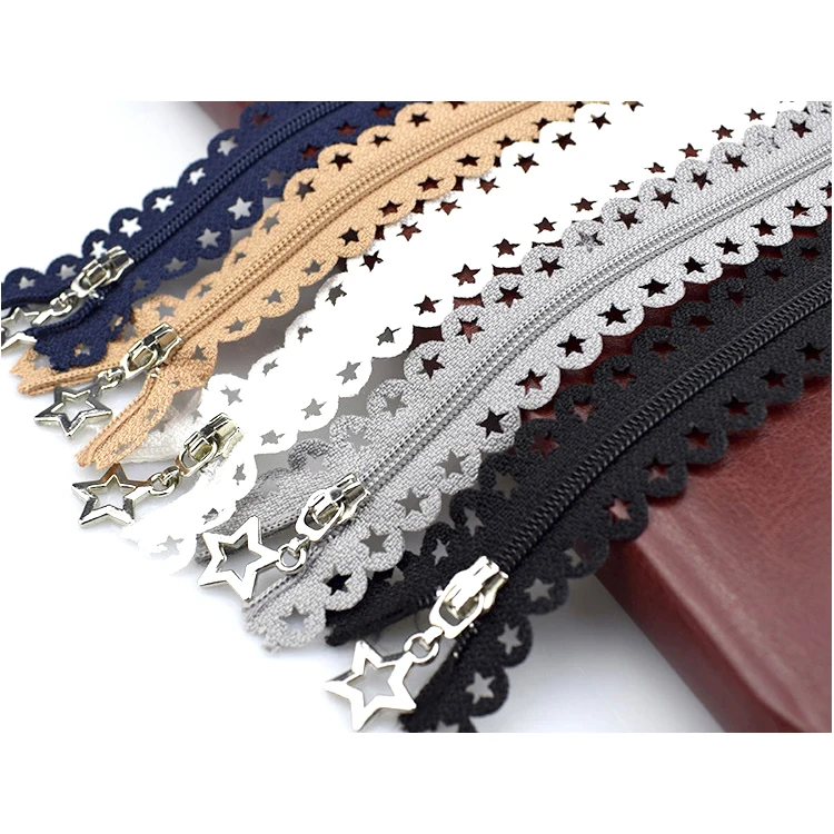 High Quality Closed End Colorful Nylon Lace Zipper 3# Zip Custom Star Nylon Zipper For Dress