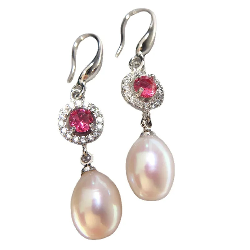 High quality Elegant Red Gemstone pearl Earrings Rhinestone ruby earrings 925 silver needle Party earrings