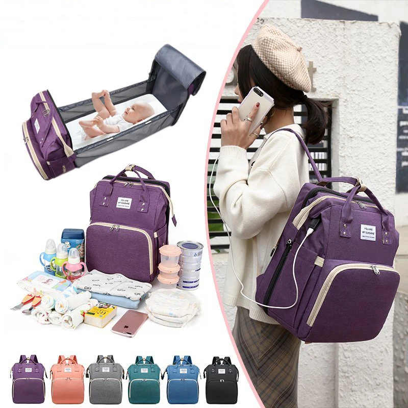 Wholesale Hot Travel Multifunctional Mom Backpack Folding Crib Usb baby diaper Bag With changing bed