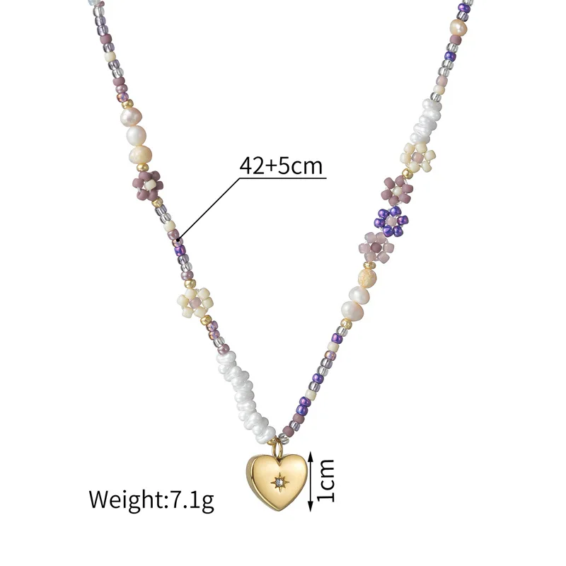 Stainless steel colorful elegant beaded flower heart pendant necklace for women girl