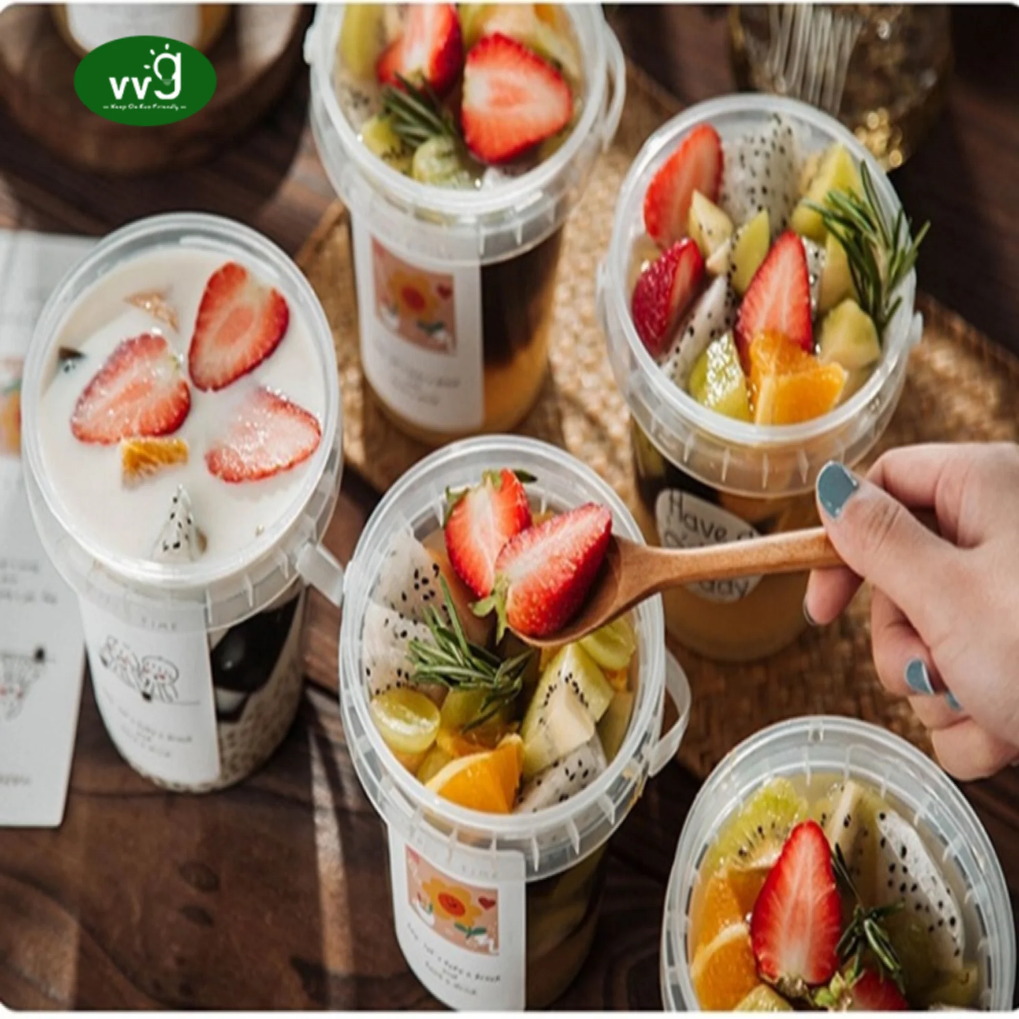 VVG 350/500/700/1000ml ice cream buckets with lid and handles reusable clear plastic buckets cups for drinks cocktail rum