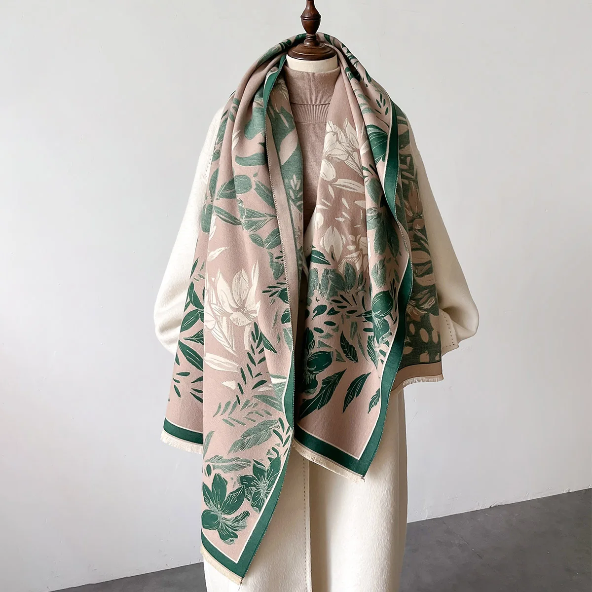 Winter Warm Thick 185*65CM Pashmina Shawls Ladies Flower Pattern Blanket Scarves Windproof Double Sided Wool Feel Scarf Shawl