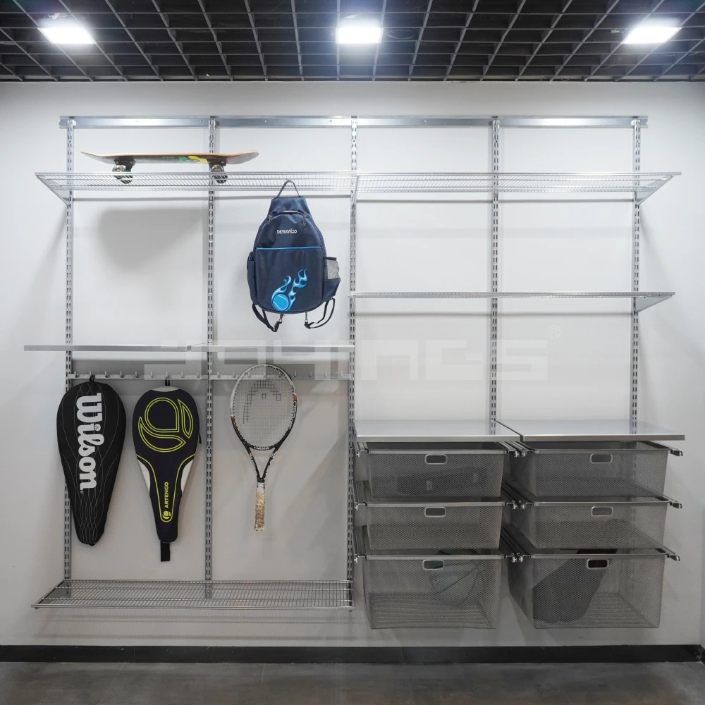 Wall Mounted Wire Closet Shelving For Fitness Room With Metal Workshop Table Shelf
