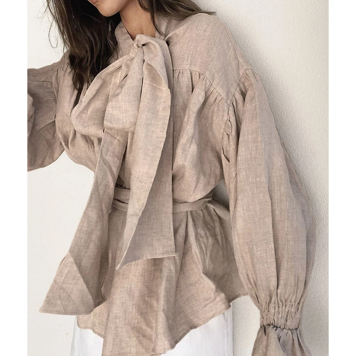 OEM Custom Women Long Strap Collar Long Puff Sleeve Wrap Blouse with Sash Ruffles Linen Cotton Tops for Office Lady