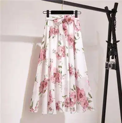 Women Summer Skirts 2022 Vintage Printed Chiffon A-Link Skirt Bow Waist Casual Holiday Beach Midi Skirt Stock