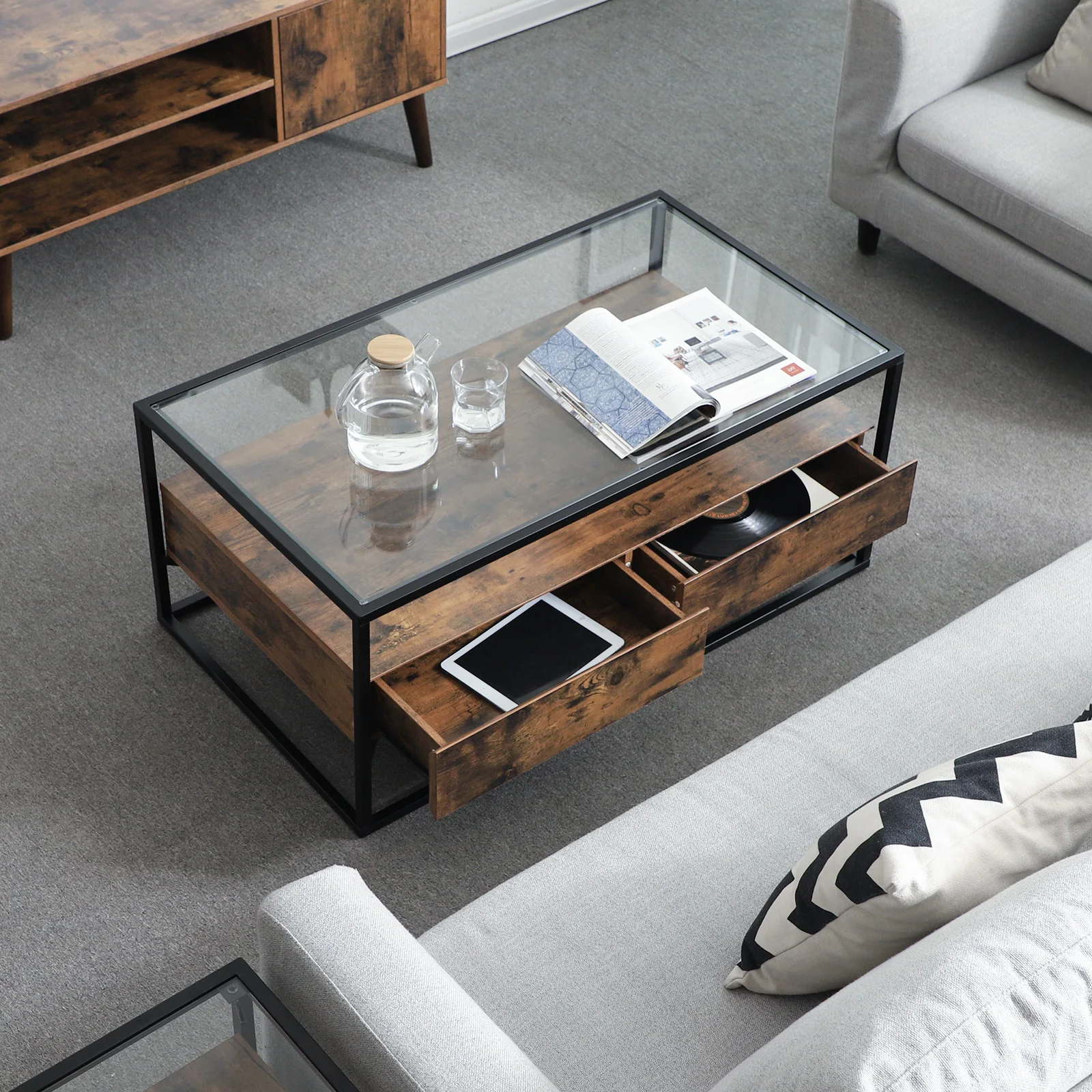 simple uk style modern living room square clear mesa de centro en cristal templado wooden top black tea table