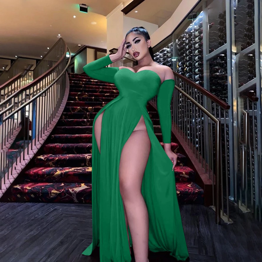 Cheap plus size double slit maxi dress strapless half shoulder elegant long party dresses and night dress