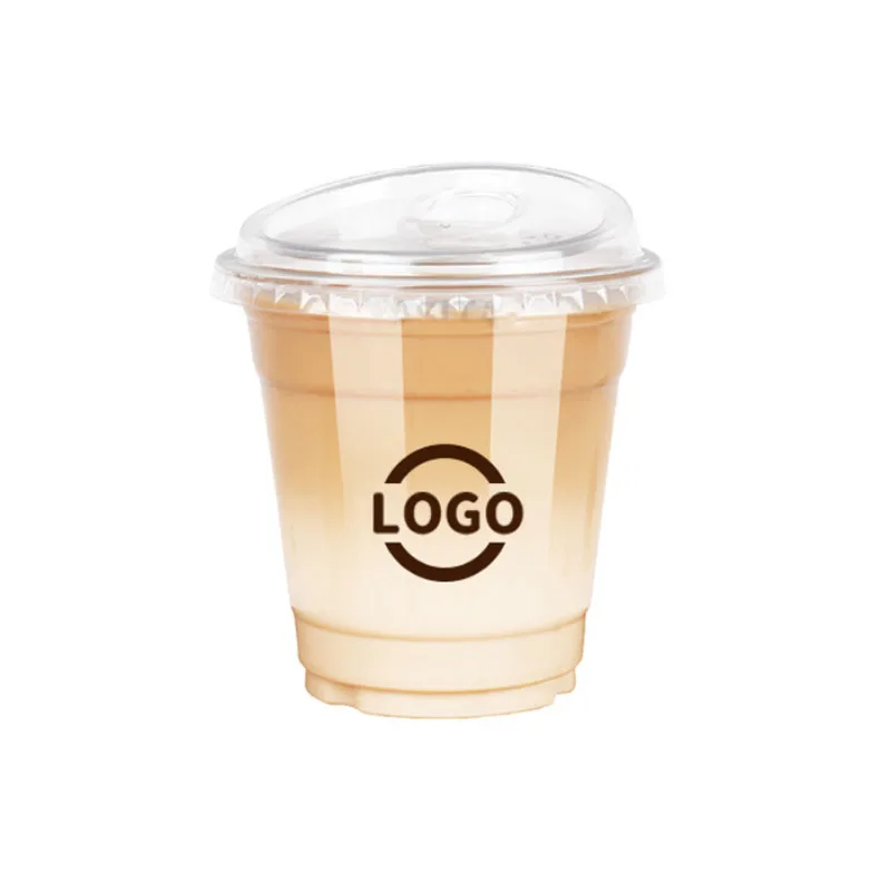 Customized Factory Plastic PET Milkshake Cup 12oz 16oz Ice Coffee Plastic Flat PET Cups with Lids